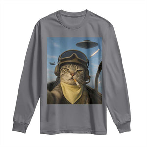 Cat Selfie With Alien UFO Long Sleeve Shirt Retro Space Sci-Fi Cat Pilot TS10 Charcoal Print Your Wear