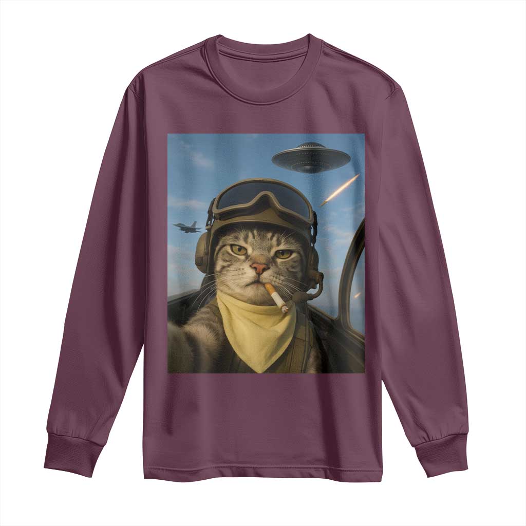 Cat Selfie With Alien UFO Long Sleeve Shirt Retro Space Sci-Fi Cat Pilot TS10 Maroon Print Your Wear