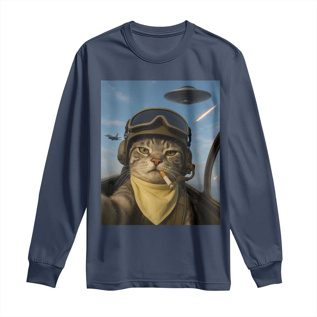 Cat Selfie With Alien UFO Long Sleeve Shirt Retro Space Sci-Fi Cat Pilot TS10 Navy Print Your Wear