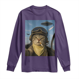 Cat Selfie With Alien UFO Long Sleeve Shirt Retro Space Sci-Fi Cat Pilot TS10 Purple Print Your Wear