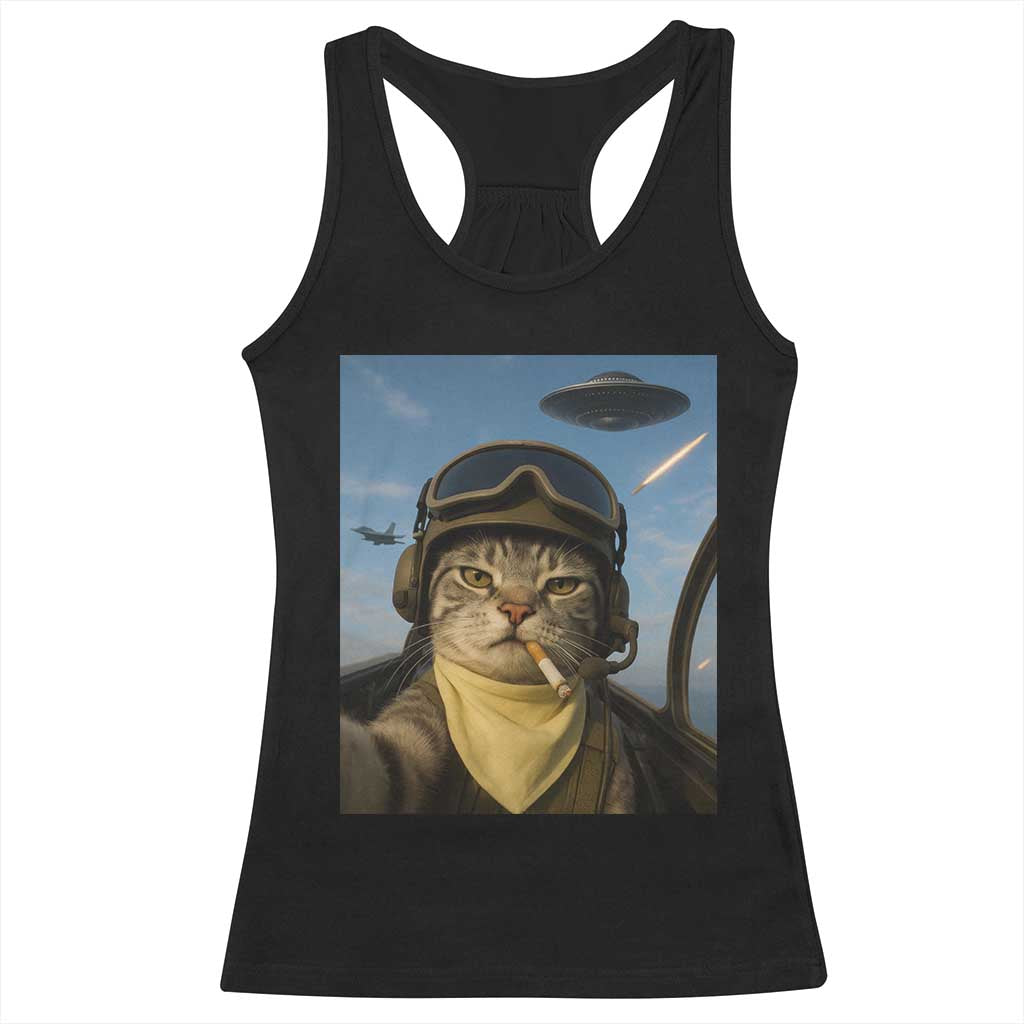 Cat Selfie With Alien UFO Racerback Tank Top Retro Space Sci-Fi Cat Pilot TS10 Black Print Your Wear