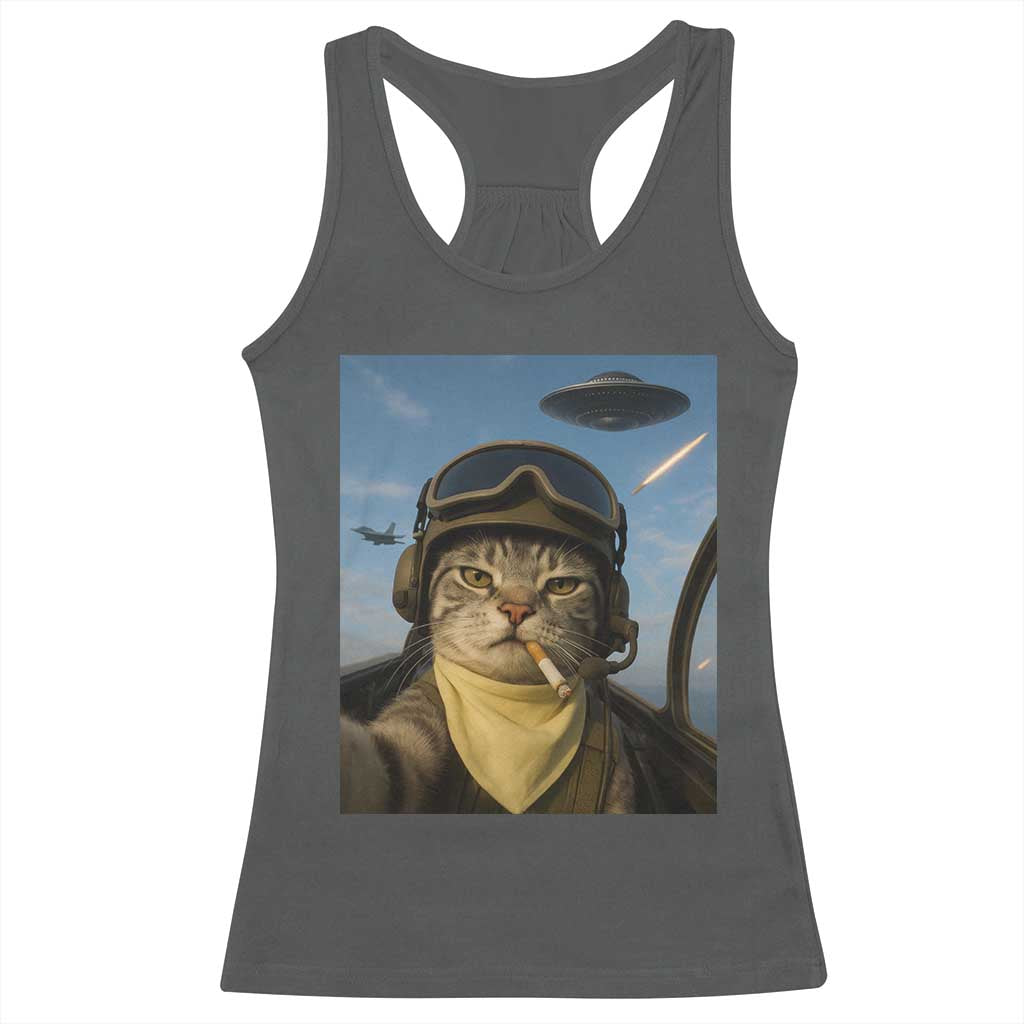 Cat Selfie With Alien UFO Racerback Tank Top Retro Space Sci-Fi Cat Pilot TS10 Dark Heather Print Your Wear