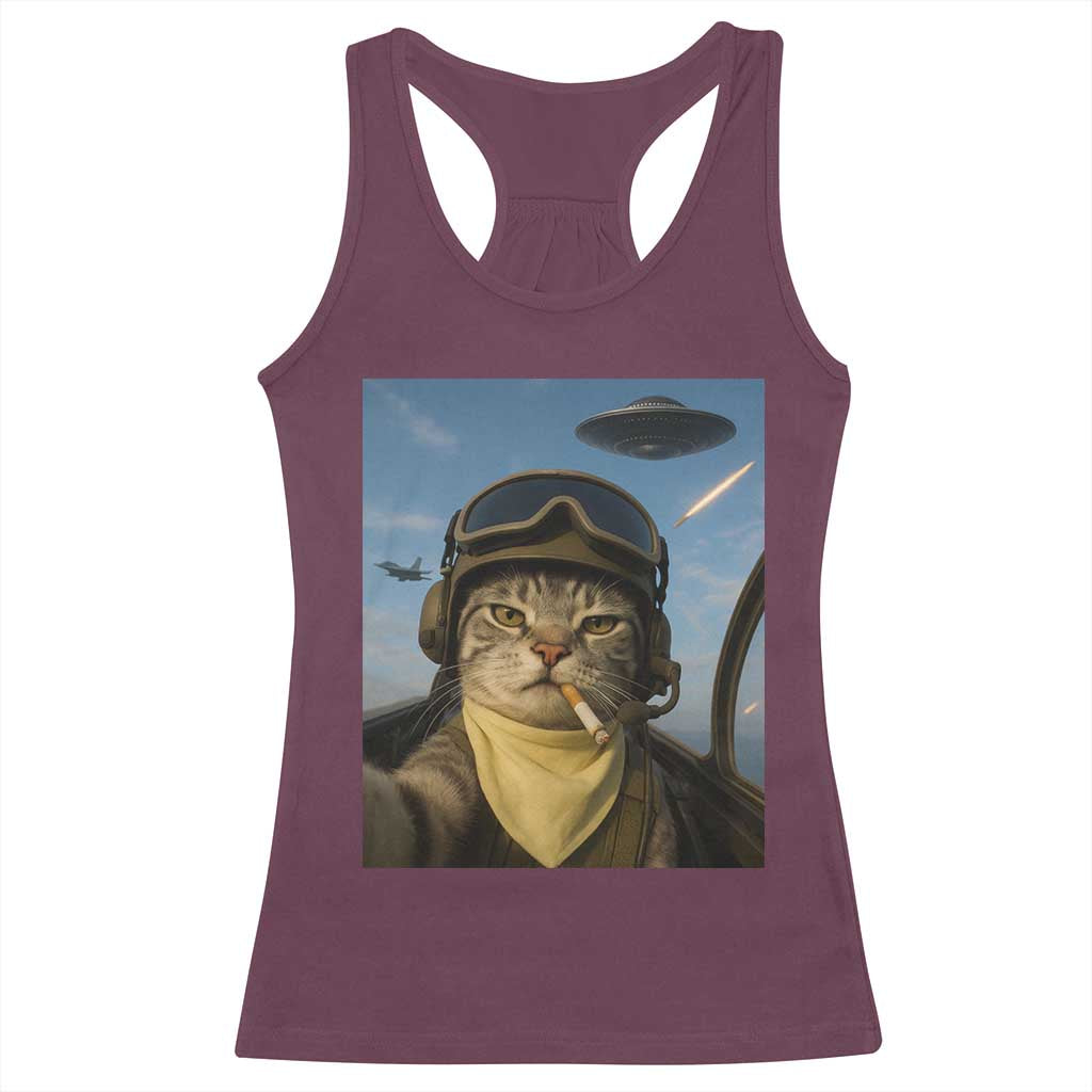 Cat Selfie With Alien UFO Racerback Tank Top Retro Space Sci-Fi Cat Pilot TS10 Maroon Print Your Wear