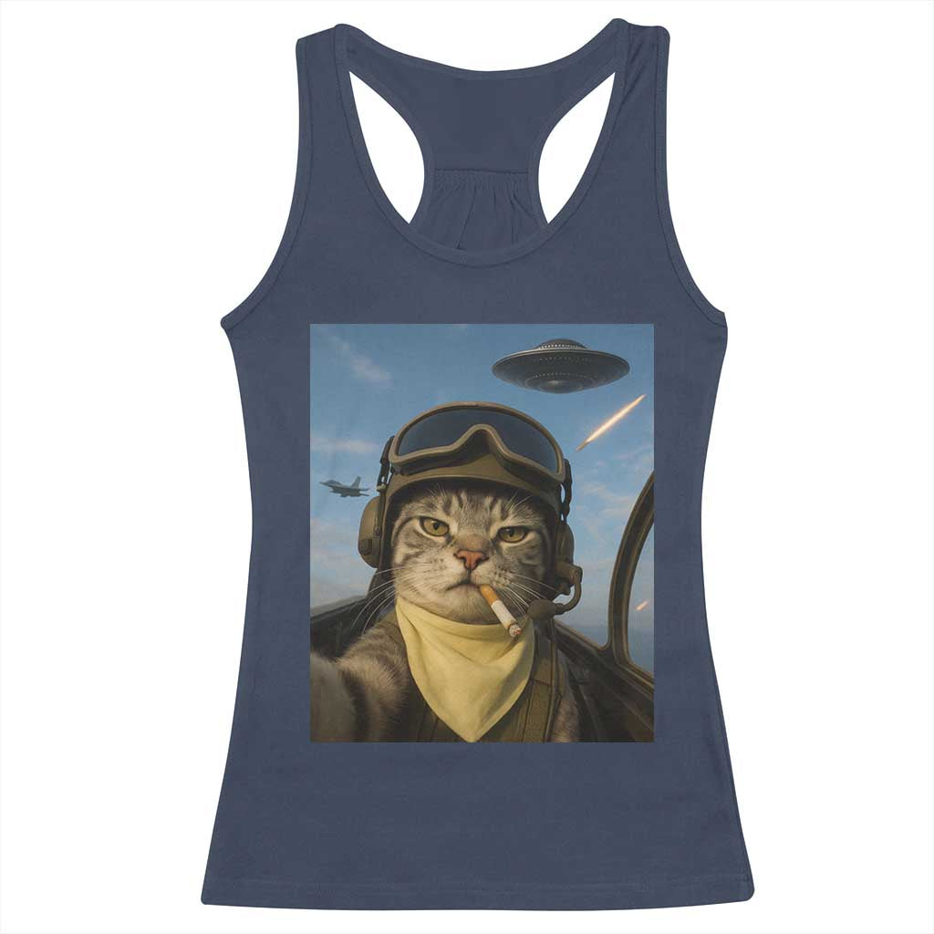 Cat Selfie With Alien UFO Racerback Tank Top Retro Space Sci-Fi Cat Pilot TS10 Navy Print Your Wear