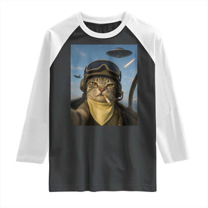 Cat Selfie With Alien UFO Raglan Shirt Retro Space Sci-Fi Cat Pilot TS10 Black White Print Your Wear