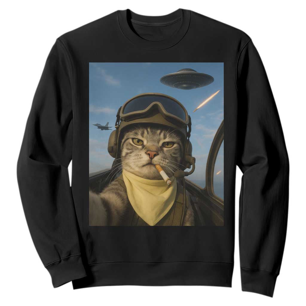 Cat Selfie With Alien UFO Sweatshirt Retro Space Sci-Fi Cat Pilot TS10 Black Print Your Wear