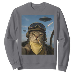 Cat Selfie With Alien UFO Sweatshirt Retro Space Sci-Fi Cat Pilot TS10 Charcoal Print Your Wear