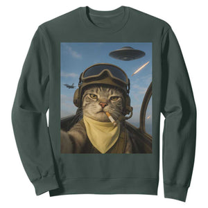 Cat Selfie With Alien UFO Sweatshirt Retro Space Sci-Fi Cat Pilot TS10 Dark Forest Green Print Your Wear