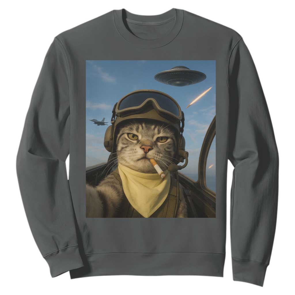 Cat Selfie With Alien UFO Sweatshirt Retro Space Sci-Fi Cat Pilot TS10 Dark Heather Print Your Wear