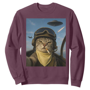Cat Selfie With Alien UFO Sweatshirt Retro Space Sci-Fi Cat Pilot TS10 Maroon Print Your Wear