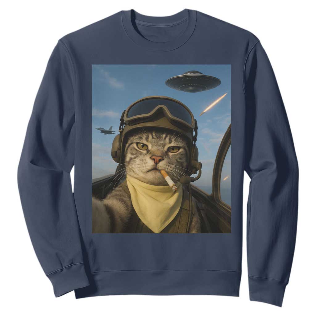 Cat Selfie With Alien UFO Sweatshirt Retro Space Sci-Fi Cat Pilot TS10 Navy Print Your Wear