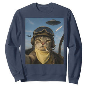 Cat Selfie With Alien UFO Sweatshirt Retro Space Sci-Fi Cat Pilot TS10 Navy Print Your Wear