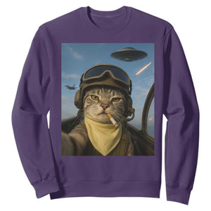 Cat Selfie With Alien UFO Sweatshirt Retro Space Sci-Fi Cat Pilot TS10 Purple Print Your Wear