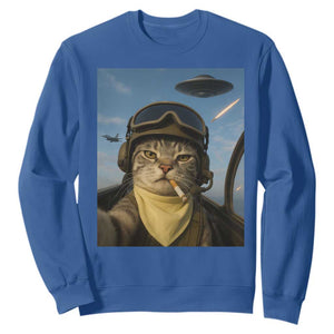 Cat Selfie With Alien UFO Sweatshirt Retro Space Sci-Fi Cat Pilot TS10 Royal Blue Print Your Wear