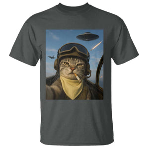 Cat Selfie With Alien UFO T Shirt Retro Space Sci-Fi Cat Pilot TS10 Dark Heather Print Your Wear