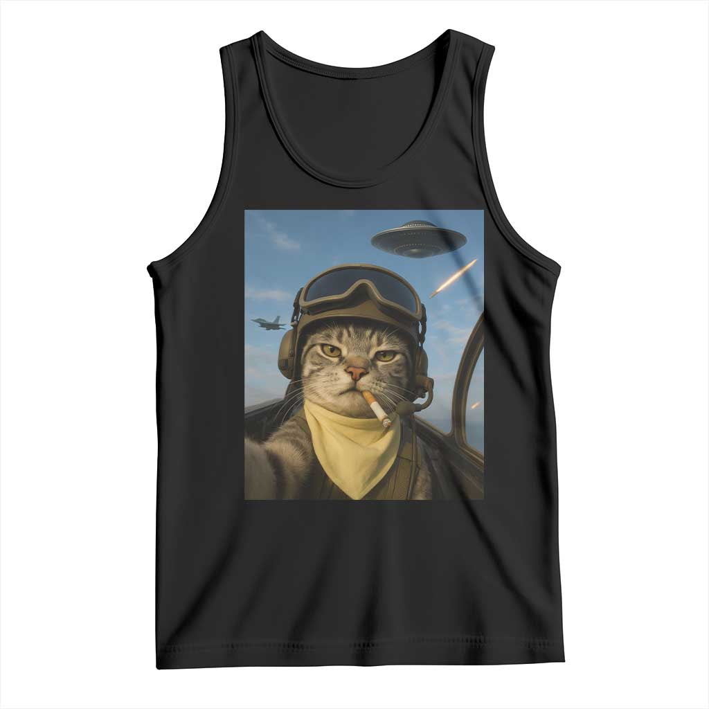 Cat Selfie With Alien UFO Tank Top Retro Space Sci-Fi Cat Pilot TS10 Black Print Your Wear