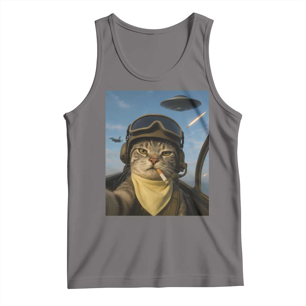 Cat Selfie With Alien UFO Tank Top Retro Space Sci-Fi Cat Pilot TS10 Deep Heather Print Your Wear