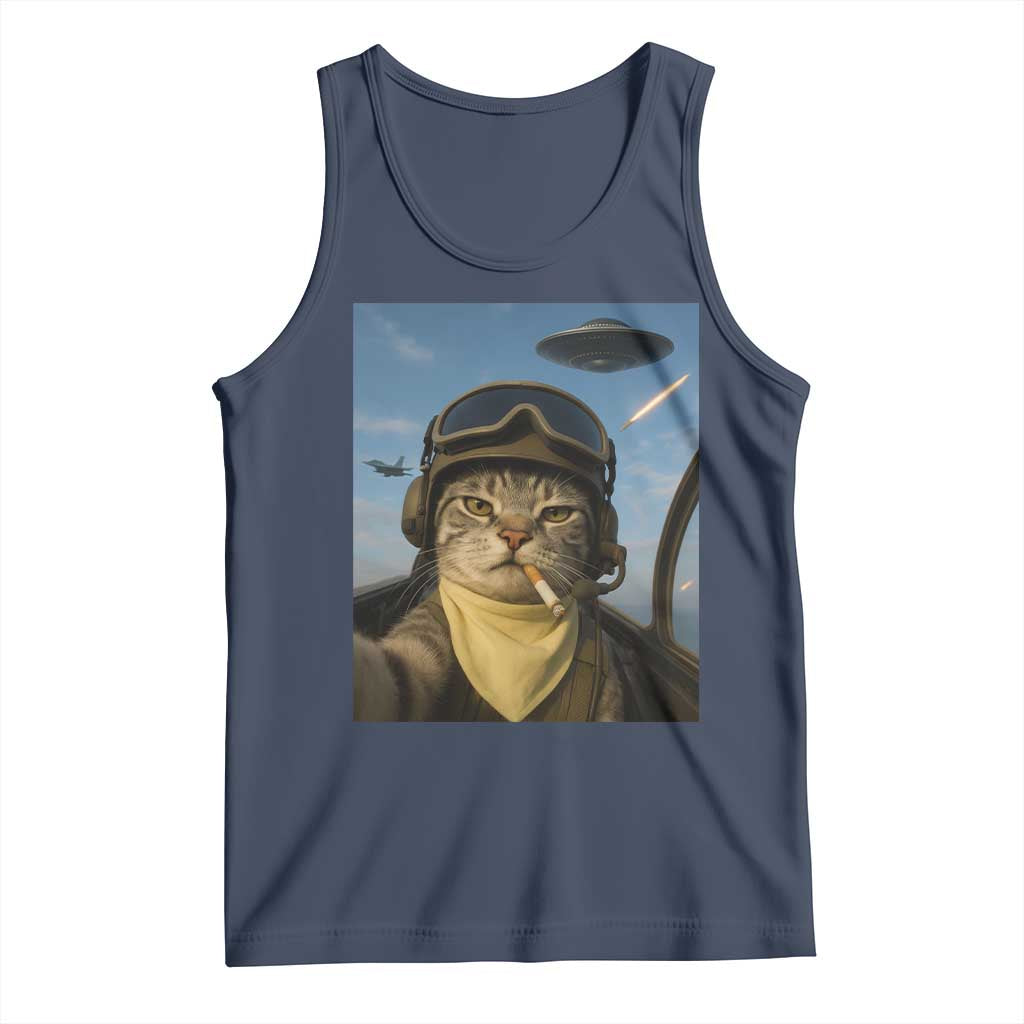 Cat Selfie With Alien UFO Tank Top Retro Space Sci-Fi Cat Pilot TS10 Navy Print Your Wear