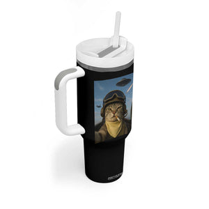 Cat Selfie With Alien UFO Tumbler With Handle Retro Space Sci-Fi Cat Pilot TS10 Print Your Wear