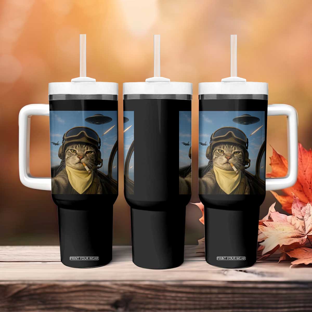 Cat Selfie With Alien UFO Tumbler With Handle Retro Space Sci-Fi Cat Pilot TS10 Print Your Wear