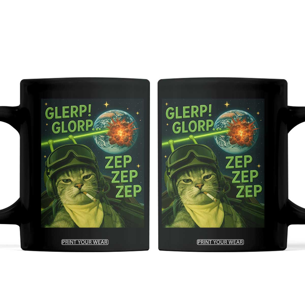 Funny UFO Alien Cat Selfie Coffee Mug Retro Space Sci-Fi Cat Pilot TS10 Black Print Your Wear