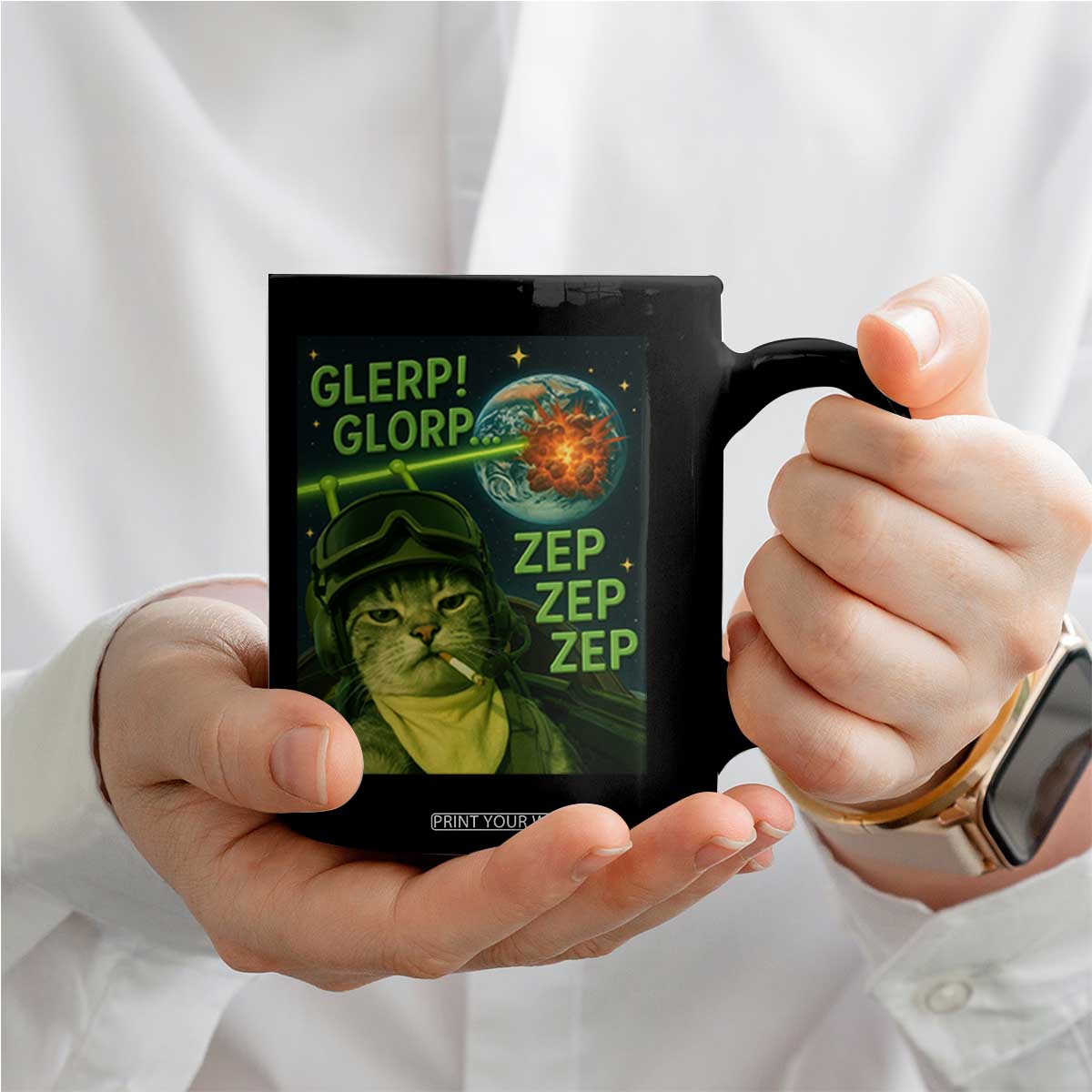 Funny UFO Alien Cat Selfie Coffee Mug Retro Space Sci-Fi Cat Pilot TS10 Print Your Wear