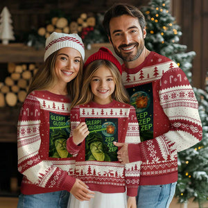 Funny UFO Alien Cat Selfie Ugly Christmas Sweater Retro Space Sci-Fi Cat Pilot TS10 Red Beige Print Your Wear