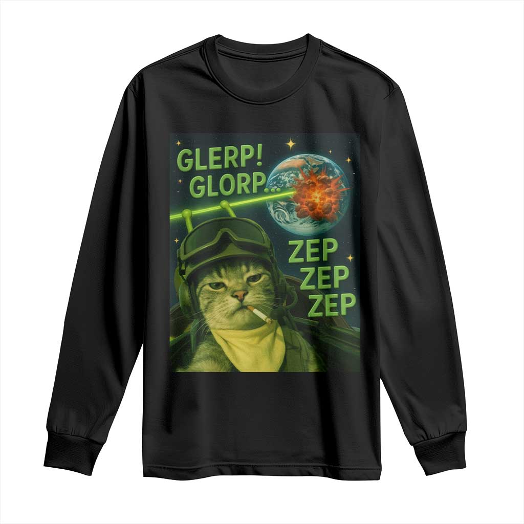 Funny UFO Alien Cat Selfie Long Sleeve Shirt Retro Space Sci-Fi Cat Pilot TS10 Black Print Your Wear