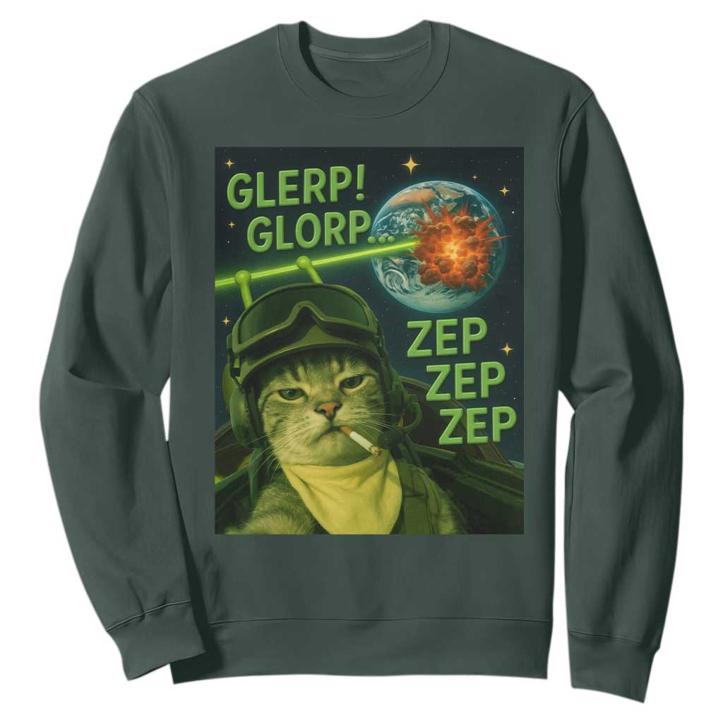 Funny UFO Alien Cat Selfie Sweatshirt Retro Space Sci-Fi Cat Pilot TS10 Dark Forest Green Print Your Wear