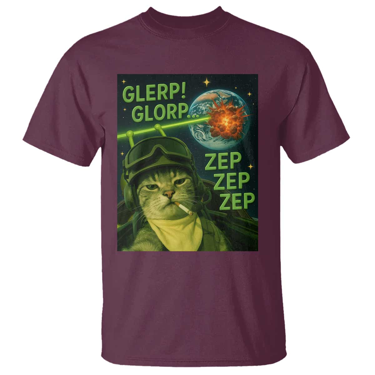 Funny UFO Alien Cat Selfie T Shirt Retro Space Sci-Fi Cat Pilot TS10 Maroon Print Your Wear