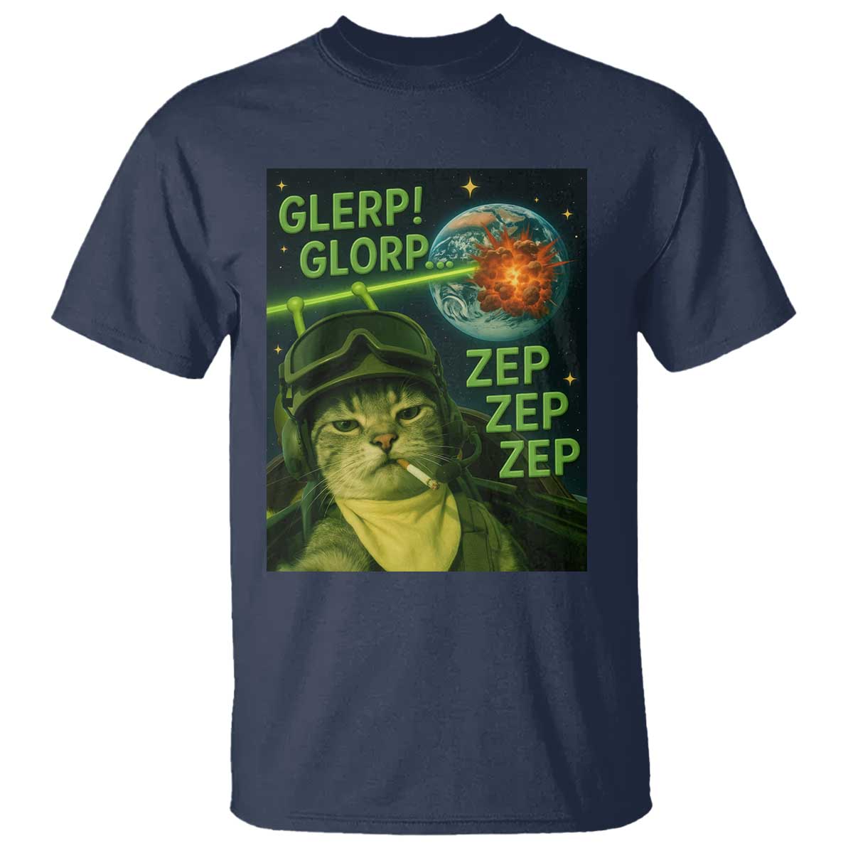 Funny UFO Alien Cat Selfie T Shirt Retro Space Sci-Fi Cat Pilot TS10 Navy Print Your Wear