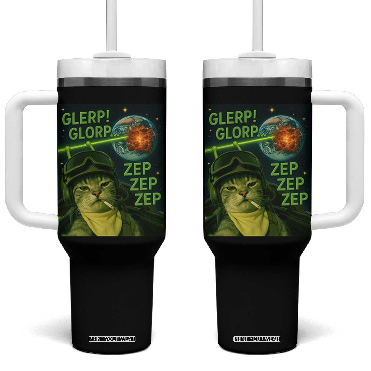 Funny UFO Alien Cat Selfie Tumbler With Handle Retro Space Sci-Fi Cat Pilot TS10 One Size: 40 oz Black Print Your Wear