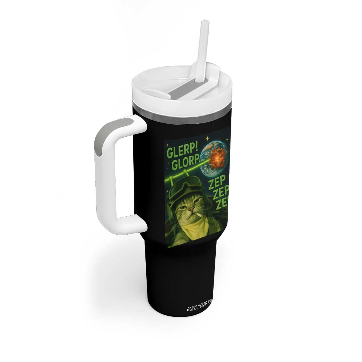 Funny UFO Alien Cat Selfie Tumbler With Handle Retro Space Sci-Fi Cat Pilot TS10 Print Your Wear
