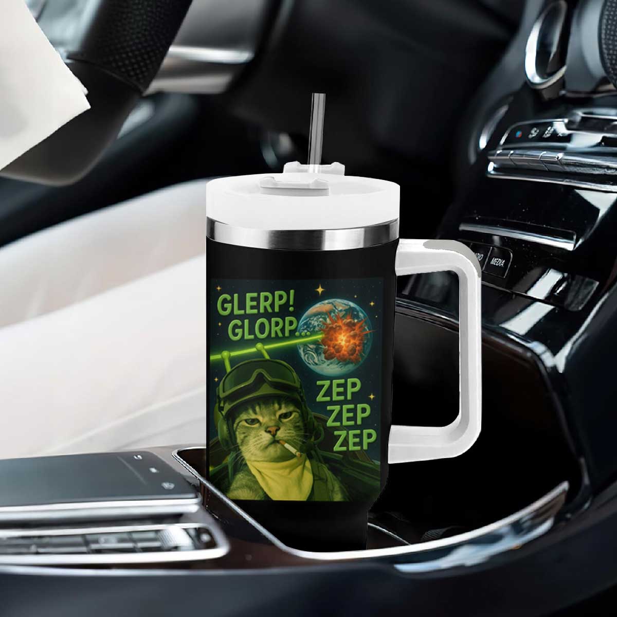 Funny UFO Alien Cat Selfie Tumbler With Handle Retro Space Sci-Fi Cat Pilot TS10 Print Your Wear