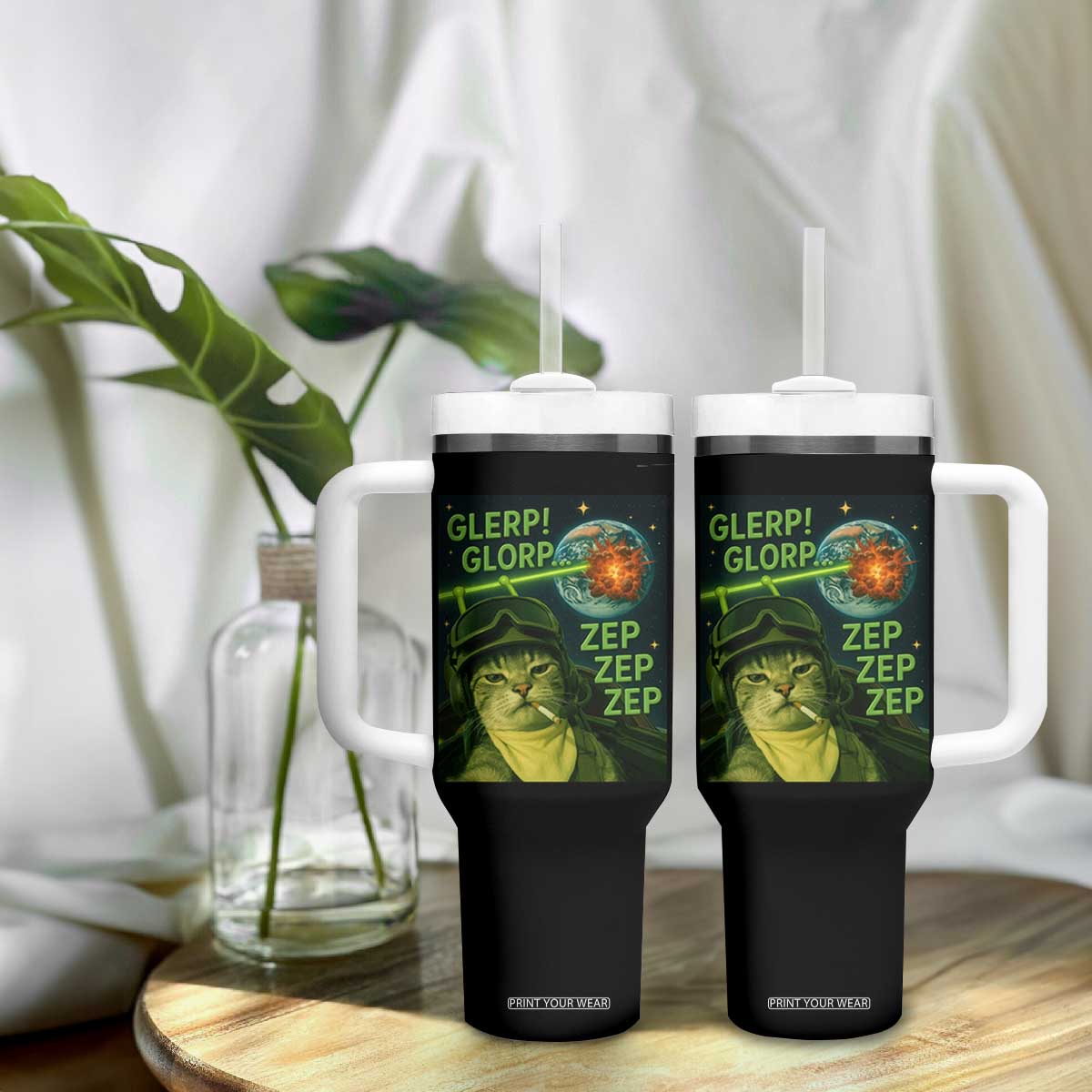 Funny UFO Alien Cat Selfie Tumbler With Handle Retro Space Sci-Fi Cat Pilot TS10 Print Your Wear