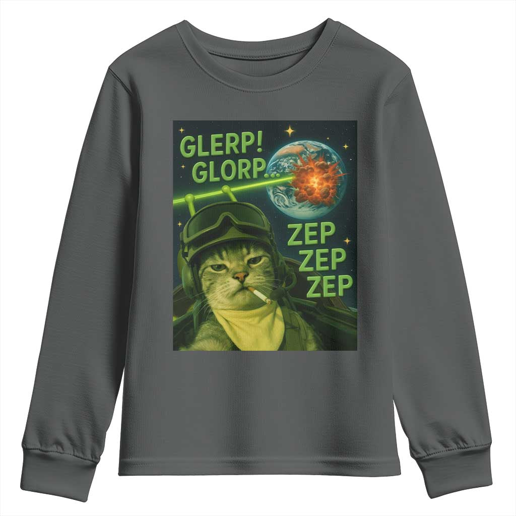 Funny UFO Alien Cat Selfie Youth Sweatshirt Retro Space Sci-Fi Cat Pilot TS10 Dark Heather Print Your Wear