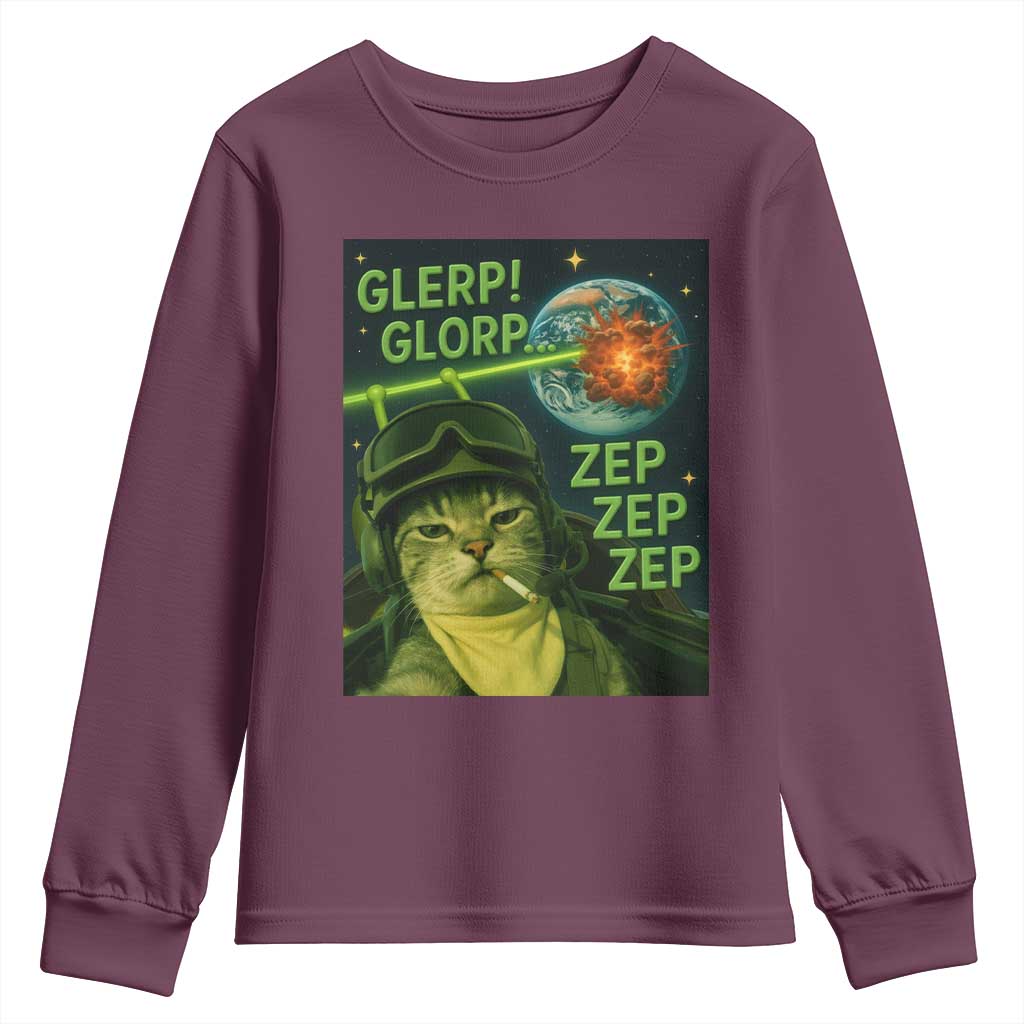 Funny UFO Alien Cat Selfie Youth Sweatshirt Retro Space Sci-Fi Cat Pilot TS10 Maroon Print Your Wear