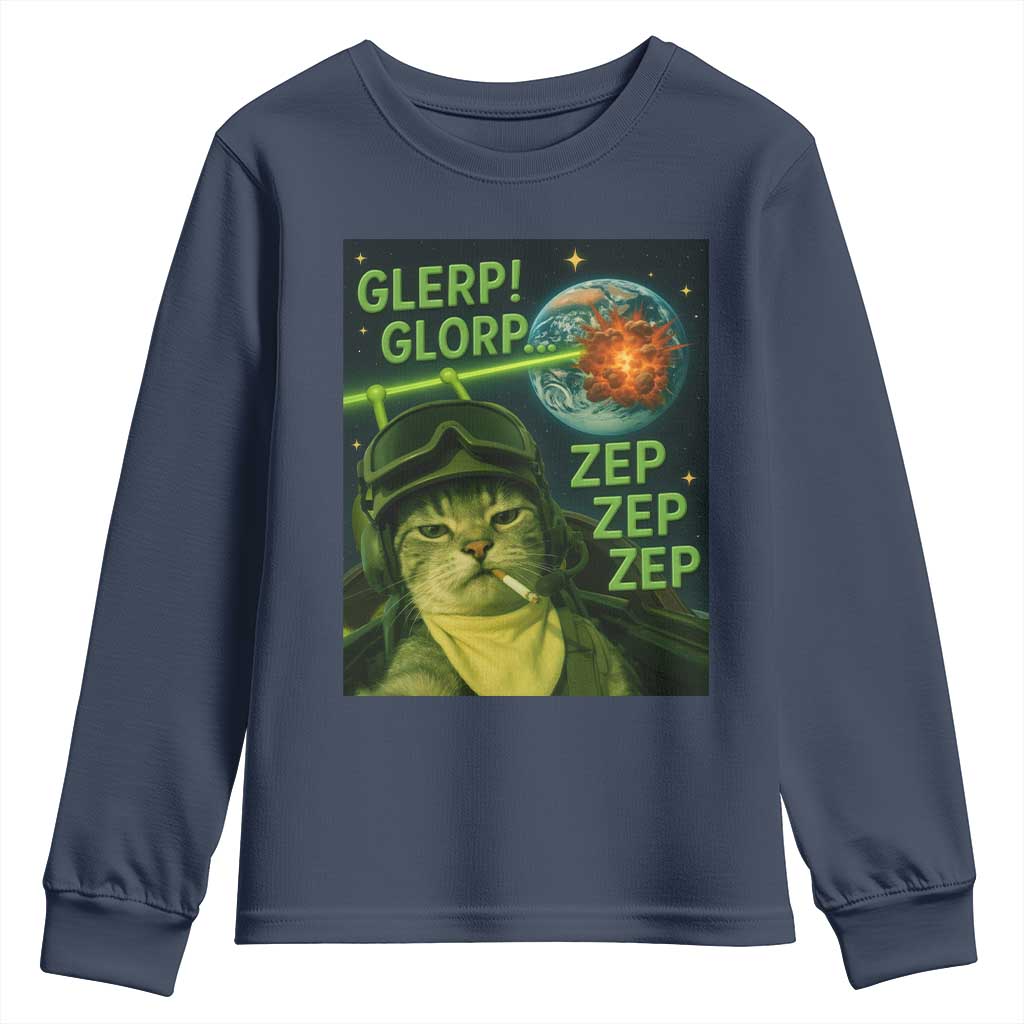 Funny UFO Alien Cat Selfie Youth Sweatshirt Retro Space Sci-Fi Cat Pilot TS10 Navy Print Your Wear
