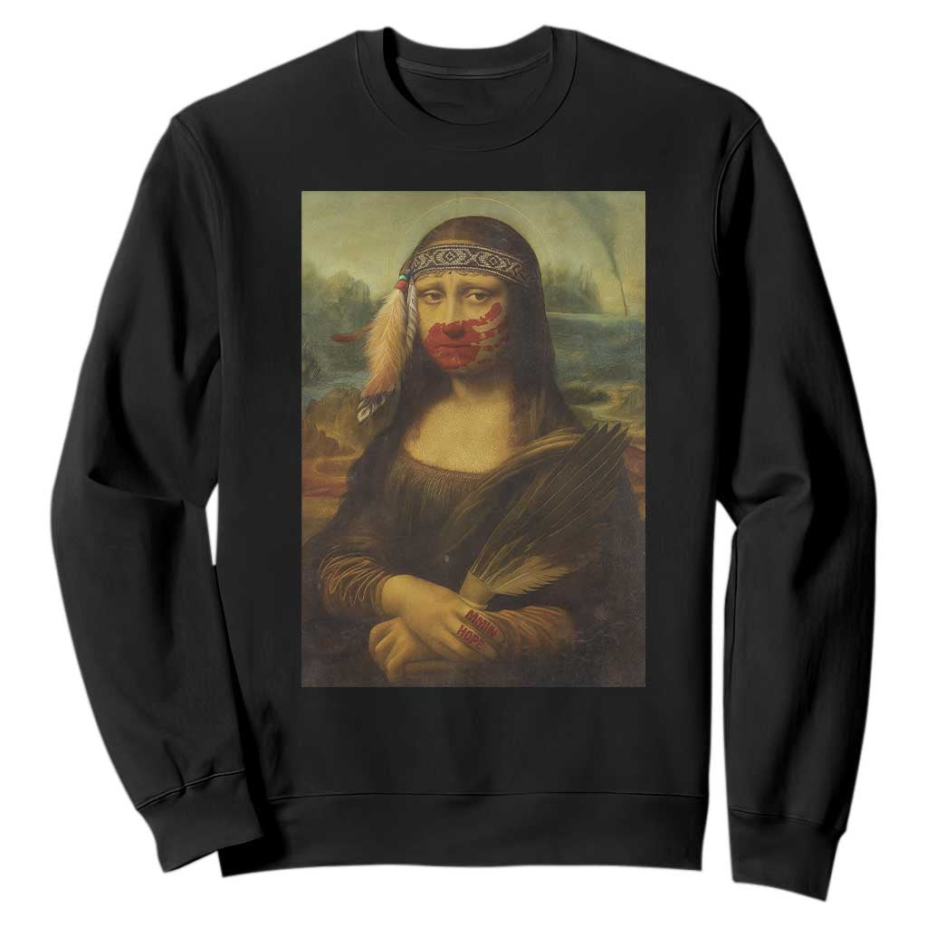 MMIW Awareness Sweatshirt Mona Lisa Red Handprint Indigenous Woman Stop Stolen Sisters TS10 Black Print Your Wear