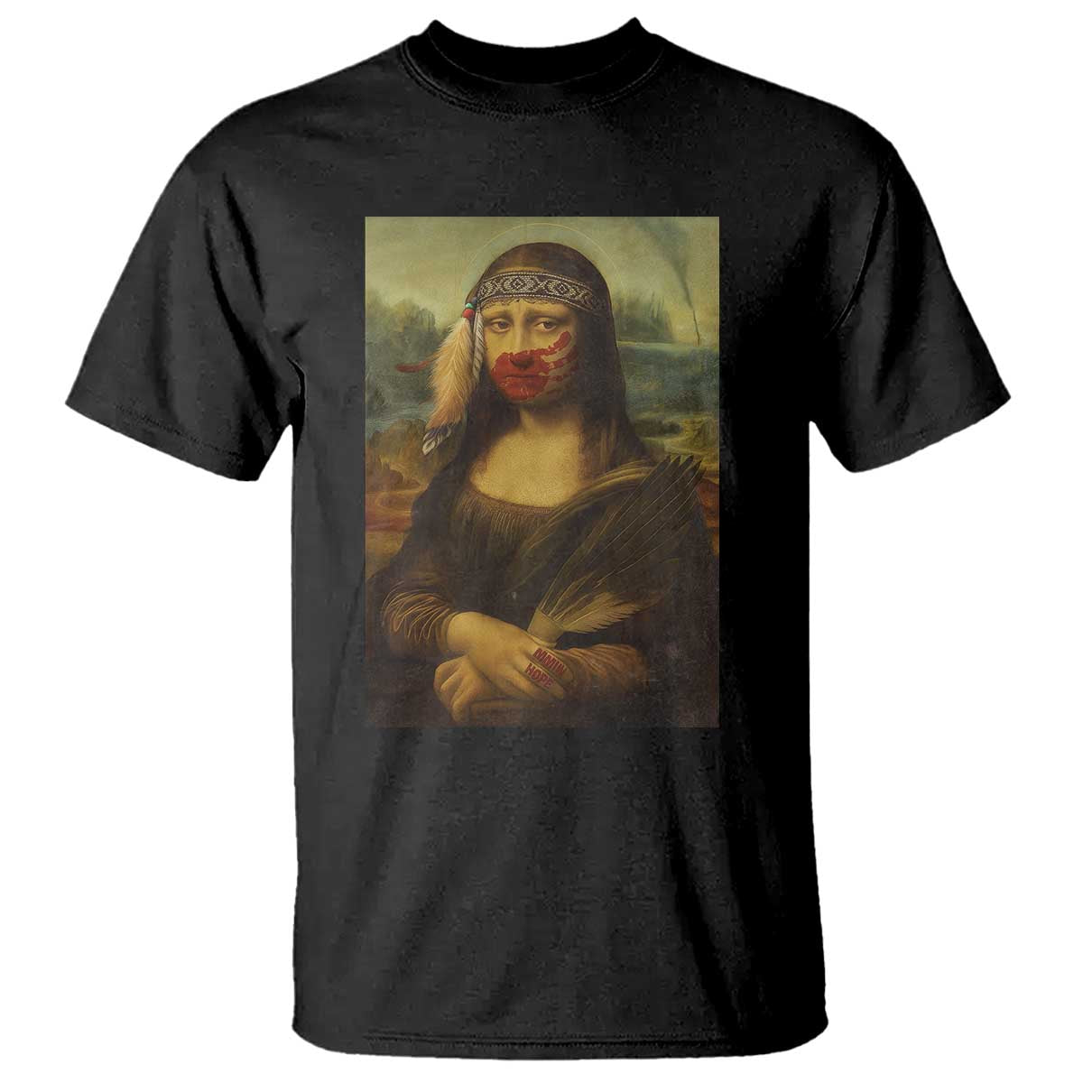 MMIW Awareness T Shirt Mona Lisa Red Handprint Indigenous Woman Stop Stolen Sisters TS10 Black Print Your Wear
