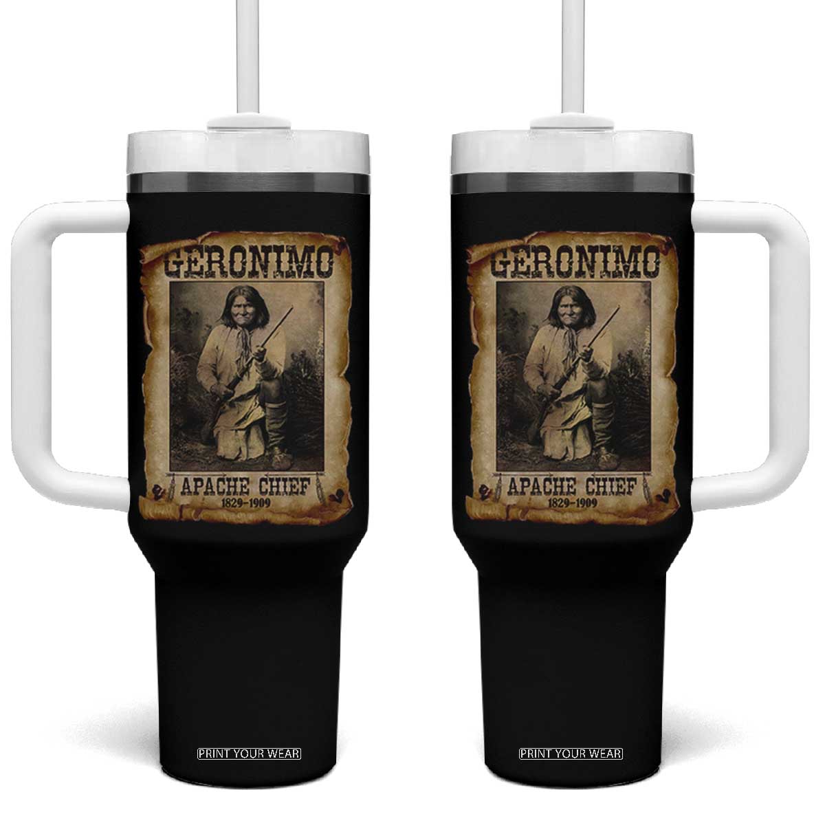 Geronimo Tumbler With Handle Vintage Apache Warrior Native American TS10 One Size: 40 oz Black Print Your Wear