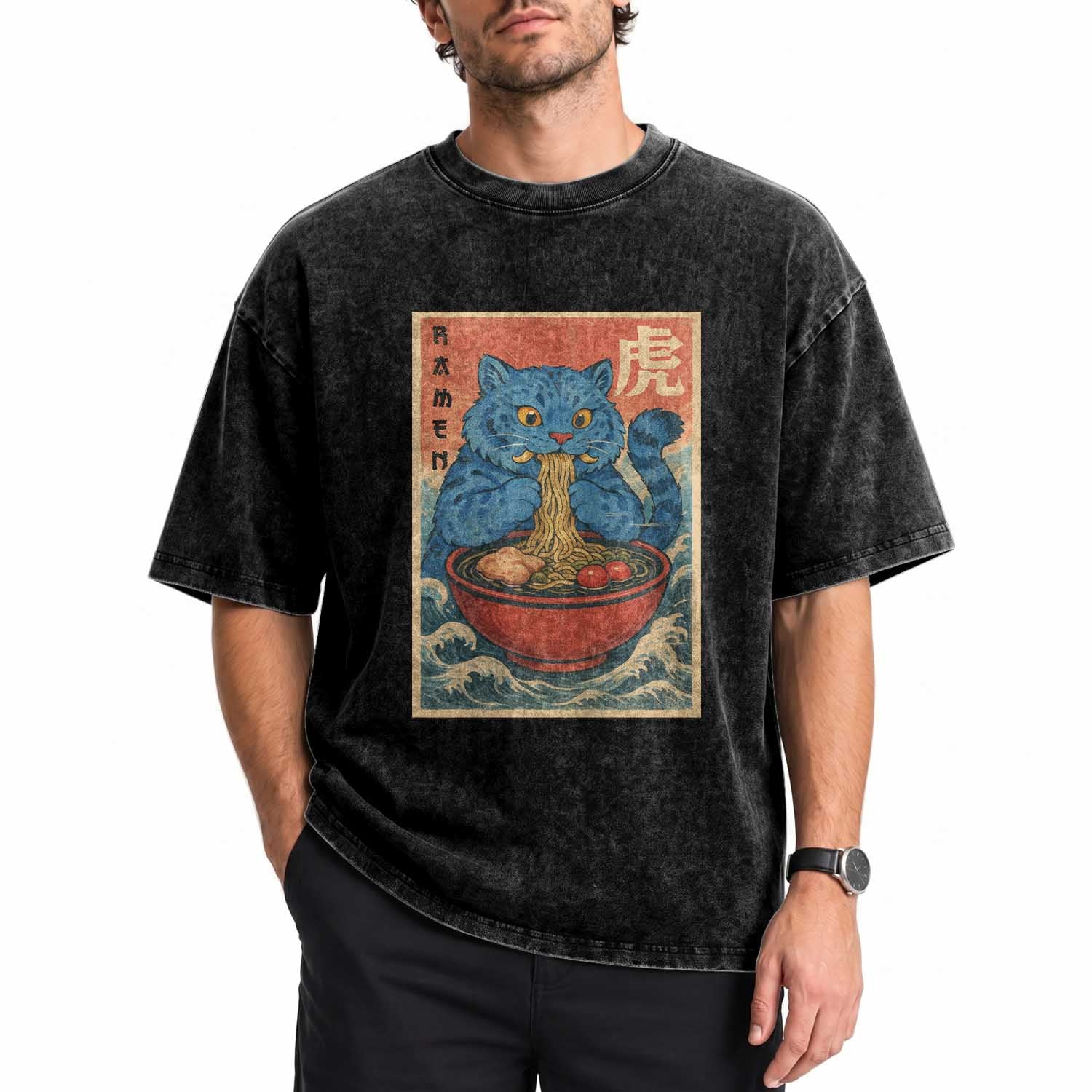 Anime Blue Cat Ramen Washed Cotton T-Shirt Vintage Japanese Art Funny Kawaii Demon Cat Tiger