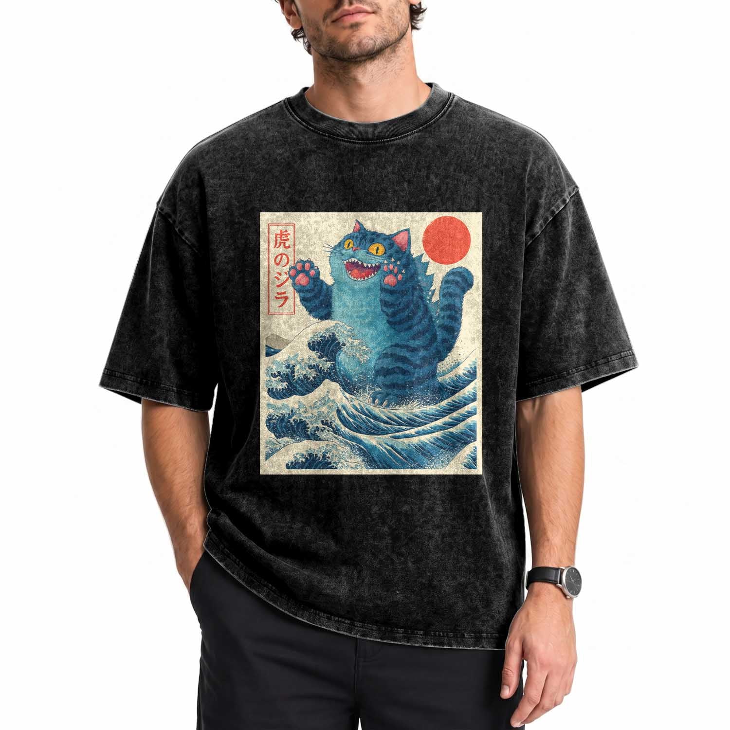 Blue Cat Giant Monster Japanese Art Washed Cotton T-Shirt Kawaii Demon Tiger Funny Kitty Dad Gifts
