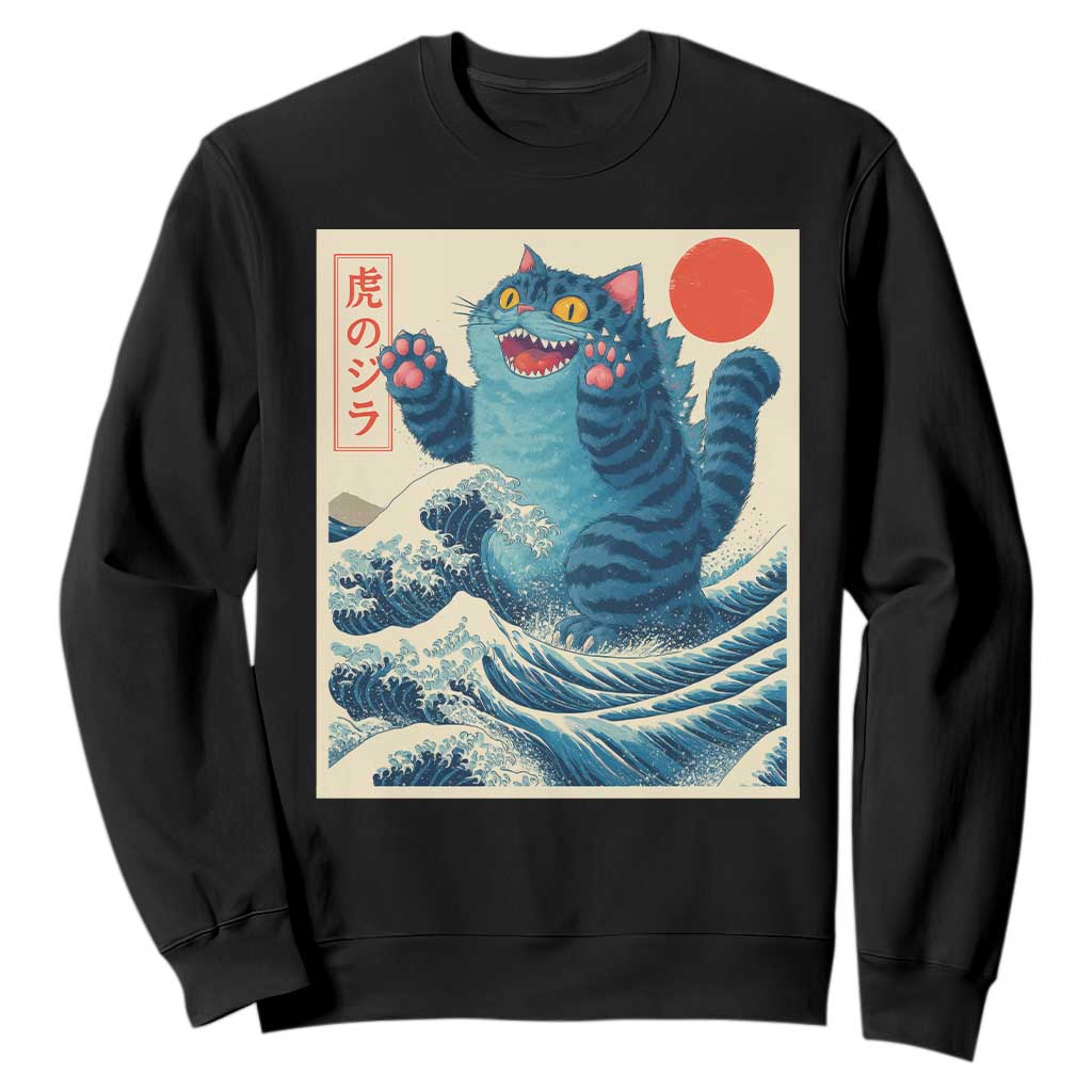 Blue Cat Giant Monster Japanese Art Sweatshirt Kawaii Demon Tiger Funny Kitty Dad Gifts TS10 Black Print Your Wear