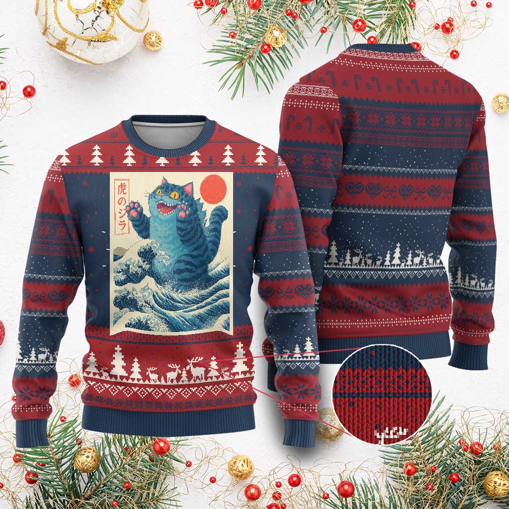 Blue Cat Giant Monster Japanese Art Knit Sweatshirt Kawaii Demon Tiger Funny Kitty Dad Gifts TS10 Burgundy Print Your Wear