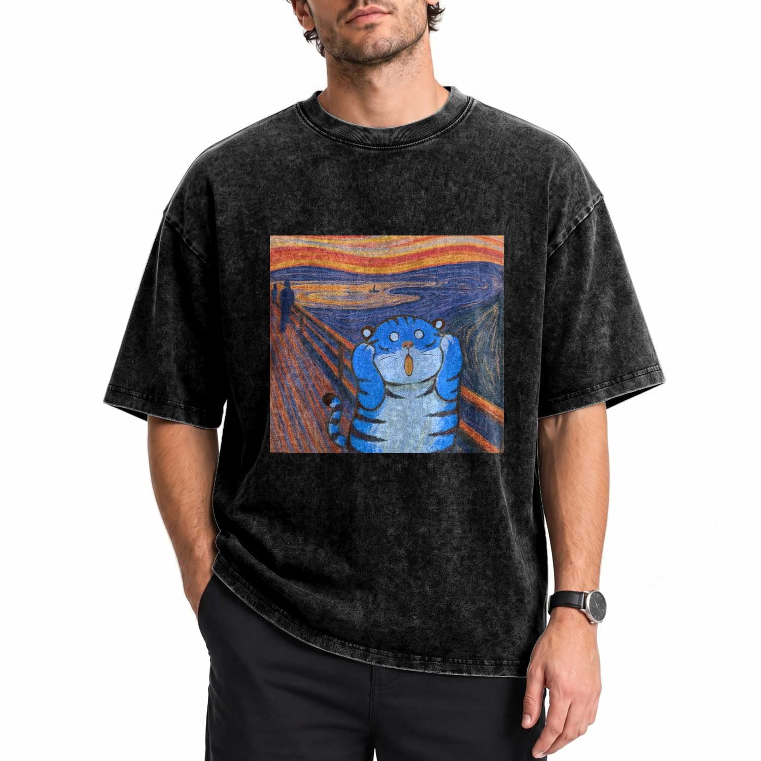 Blue Tiger Scream Washed Cotton T-Shirt Cute Animal Anime Demon Aesthetic Painting