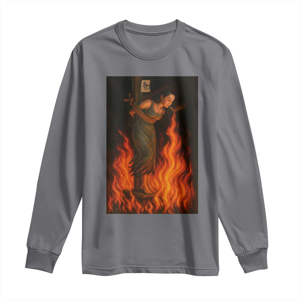 Funny Halloween Witch Long Sleeve Shirt Witch Lighting Cigarette With Flames Occult Unholy TS10 Charcoal Print Your Wear