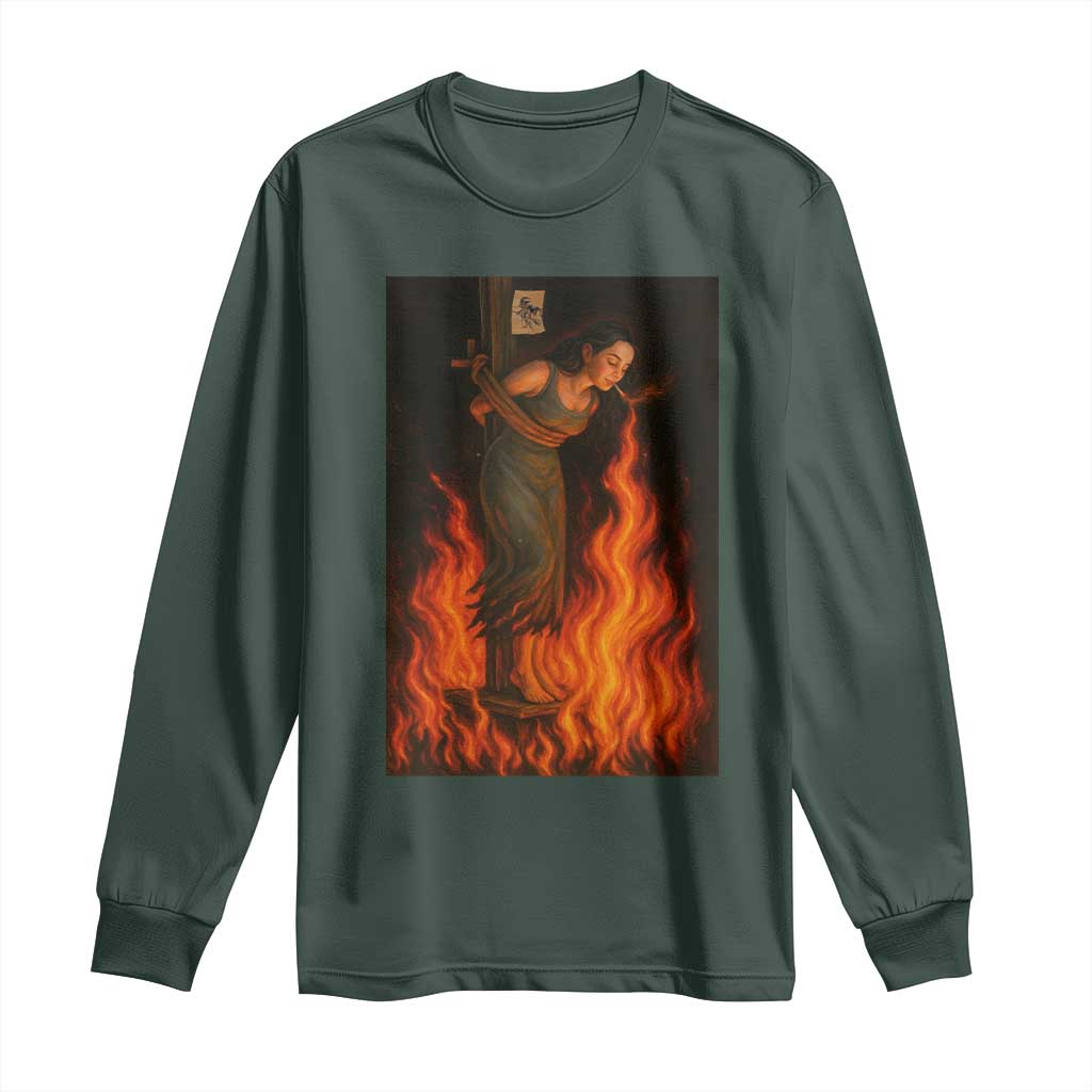 Funny Halloween Witch Long Sleeve Shirt Witch Lighting Cigarette With Flames Occult Unholy TS10 Dark Forest Green Print Your Wear