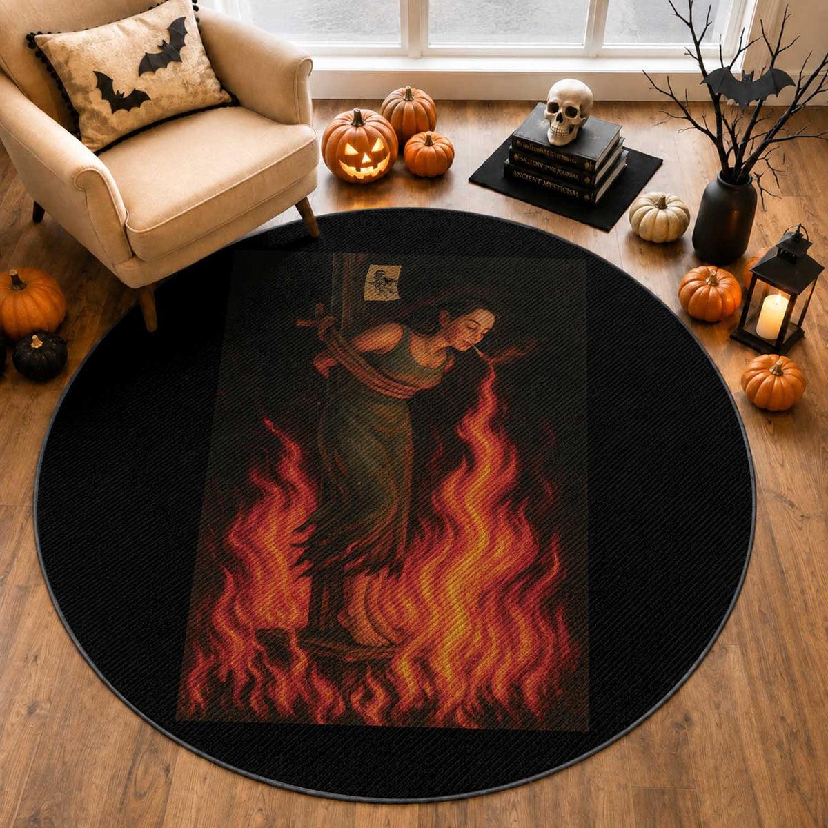 Funny Halloween Witch Round Rug Witch Lighting Cigarette With Flames Occult Unholy