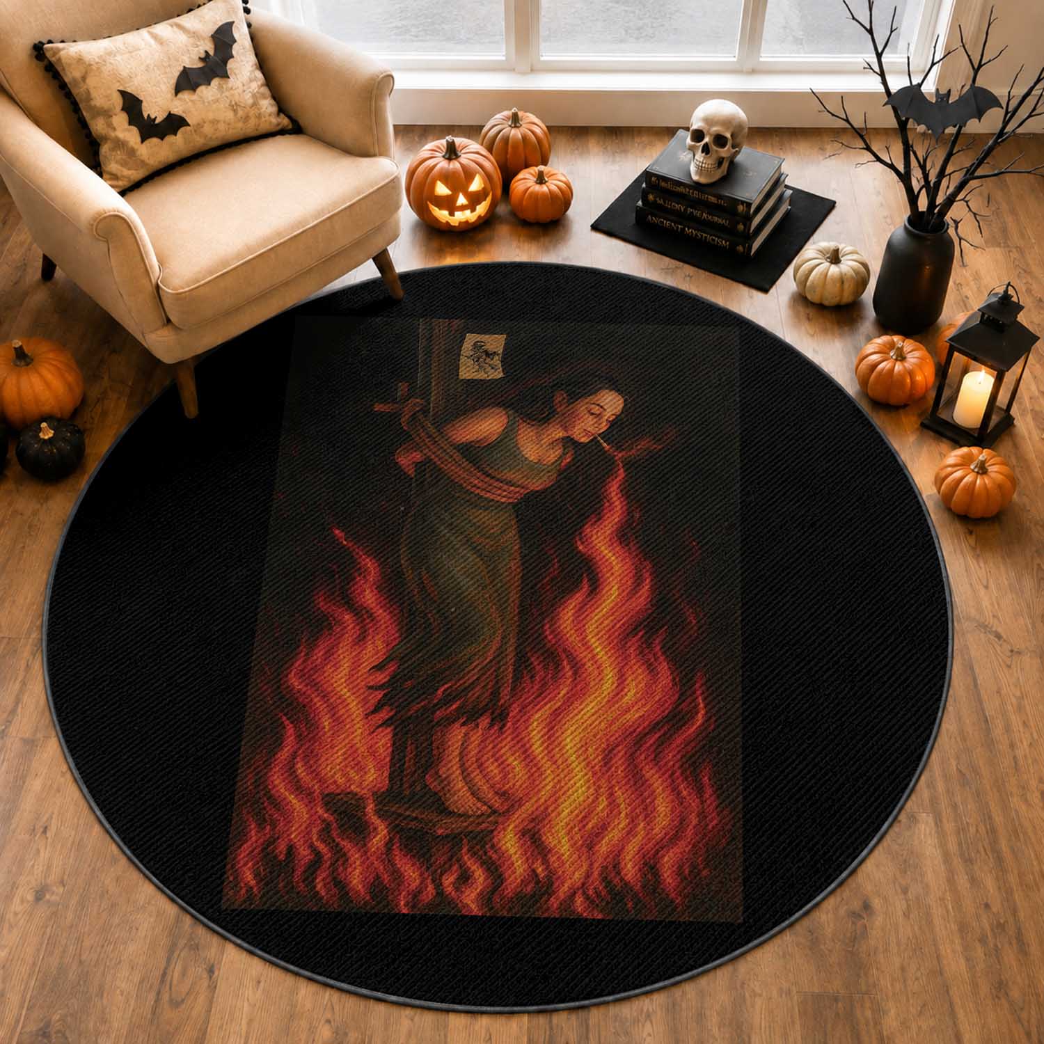 Funny Halloween Witch Round Rug Witch Lighting Cigarette With Flames Occult Unholy